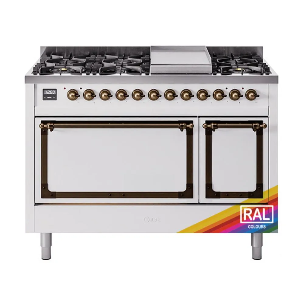 Ilve UN48FQNMPRAB Ilve Un48Fqnmprab Nostalgie Ii Noblesse 48" Dual Fuel Range (8 Sealed Burners   Griddle, Natural Gas, Solid Door, Ral, Burnished)
