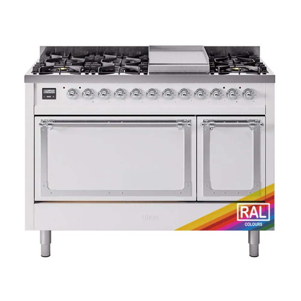 Ilve UN48FQNMPRACLP Ilve Un48Fqnmpraclp Nostalgie Ii Noblesse 48" Dual Fuel Range (8 Sealed Burners   Griddle, Liquid Propane, Solid Door, Ral, Chrome)
