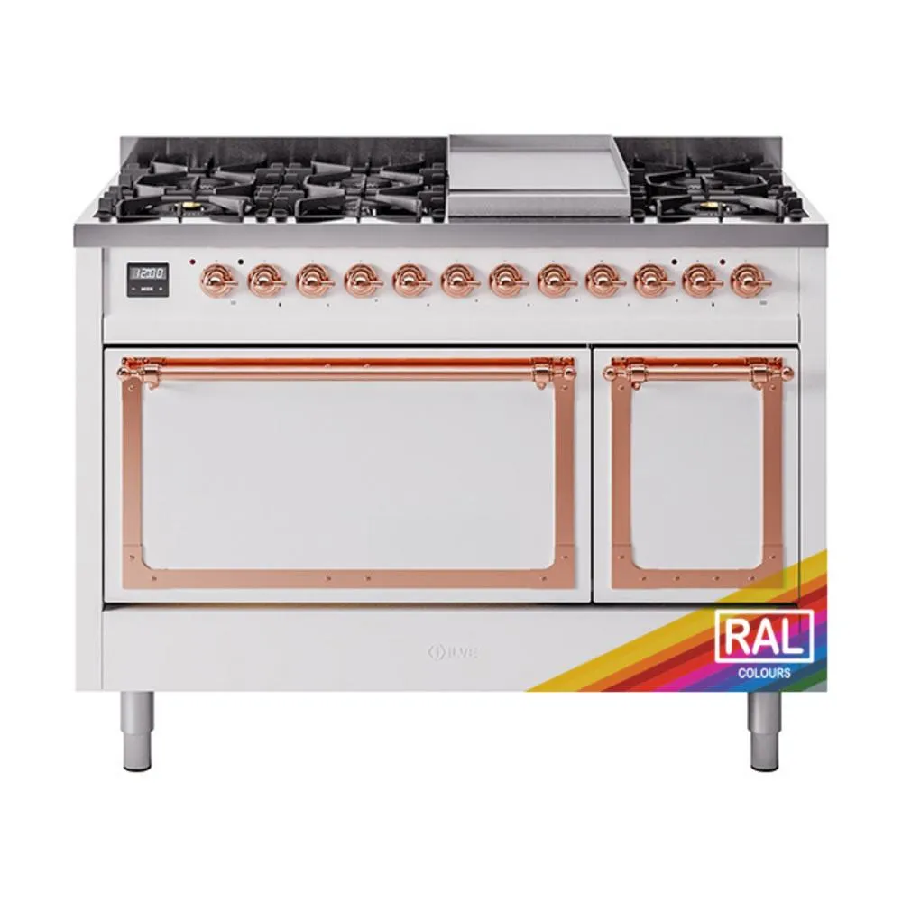 Ilve UN48FQNMPRAP Ilve Un48Fqnmprap Nostalgie Ii Noblesse 48" Dual Fuel Range (8 Sealed Burners   Griddle, Natural Gas, Solid Door, Ral, Copper)