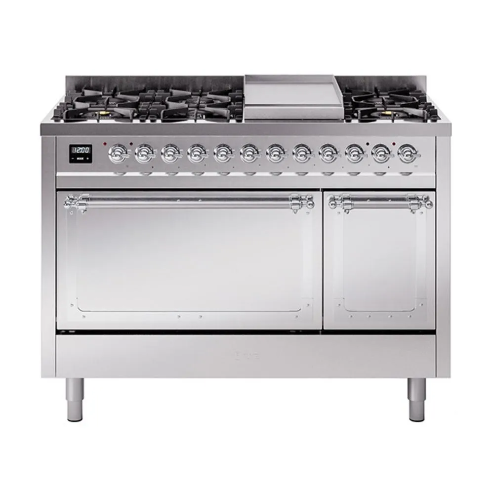 Ilve UN48FQNMPSSCLP Ilve Un48Fqnmpssclp Nostalgie Ii Noblesse 48" Dual Fuel Range (8 Sealed Burners   Griddle, Liquid Propane, Solid Door, Stainless Steel, Chrome)