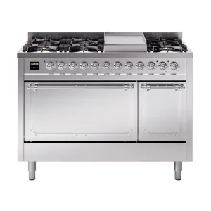Ilve UN48FQNMPSSCLP Ilve Un48Fqnmpssclp Nostalgie Ii Noblesse 48" Dual Fuel Range (8 Sealed Burners   Griddle, Liquid Propane, Solid Door, Stainless Steel, Chrome)