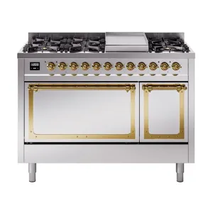 Ilve UN48FQNMPSSGLP Ilve Un48Fqnmpssglp Nostalgie Ii Noblesse 48" Dual Fuel Range (8 Sealed Burners   Griddle, Liquid Propane, Solid Door, Stainless Steel, Brass)