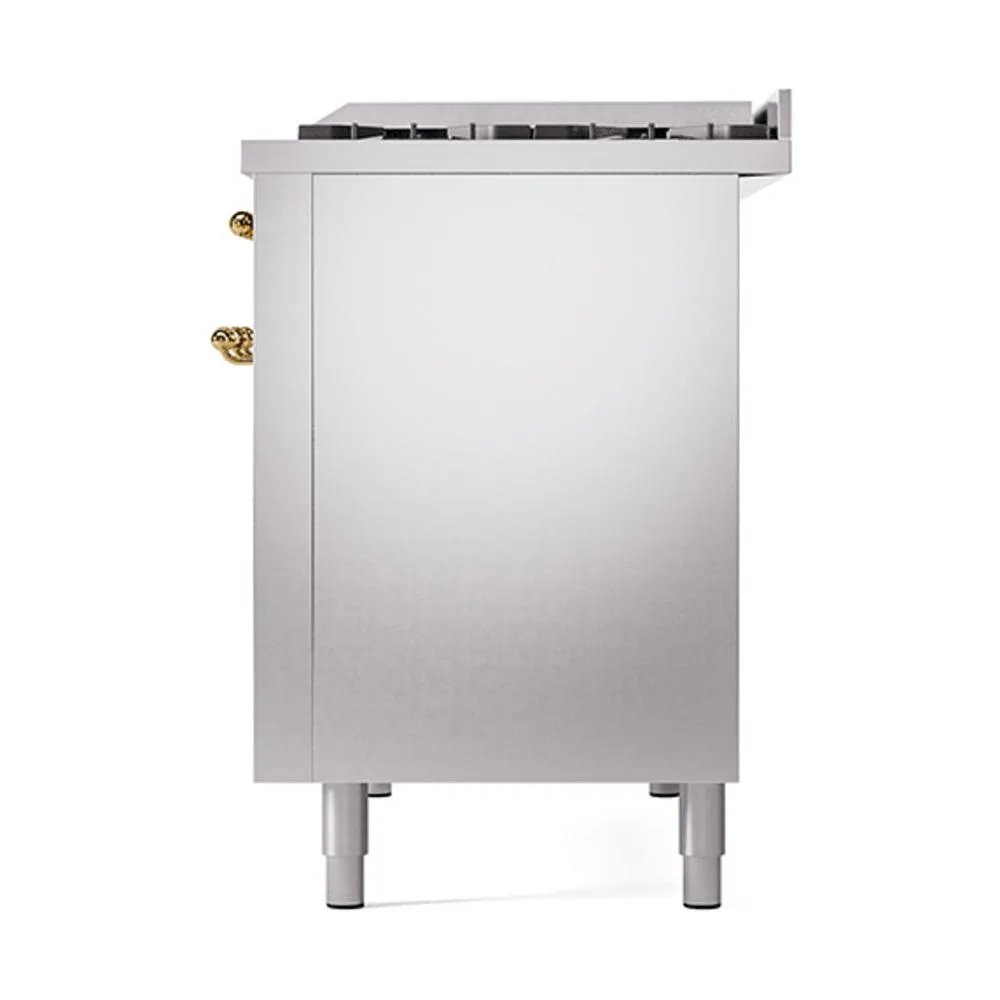 Ilve UN48FQNMPSSGLP Ilve Un48Fqnmpssglp Nostalgie Ii Noblesse 48" Dual Fuel Range (8 Sealed Burners   Griddle, Liquid Propane, Solid Door, Stainless Steel, Brass)