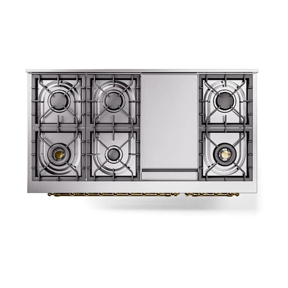 Ilve UN48FQNMPSSGLP Ilve Un48Fqnmpssglp Nostalgie Ii Noblesse 48" Dual Fuel Range (8 Sealed Burners   Griddle, Liquid Propane, Solid Door, Stainless Steel, Brass)