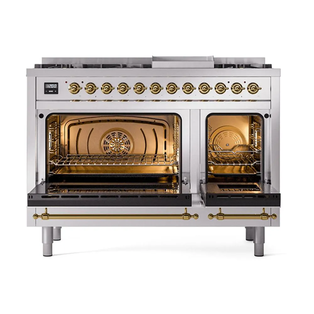 Ilve UN48FQNMPSSGLP Ilve Un48Fqnmpssglp Nostalgie Ii Noblesse 48" Dual Fuel Range (8 Sealed Burners   Griddle, Liquid Propane, Solid Door, Stainless Steel, Brass)