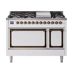 Ilve UN48FQNMPWHBLP Ilve Un48Fqnmpwhblp Nostalgie Ii Noblesse 48" Dual Fuel Range (8 Sealed Burners   Griddle, Liquid Propane, Solid Door, White, Burnished)