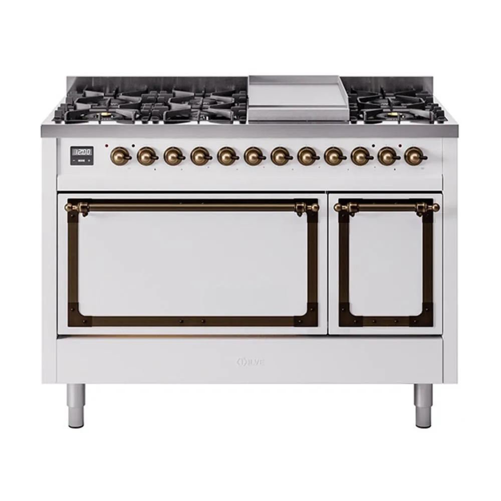 Ilve UN48FQNMPWHBLP Ilve Un48Fqnmpwhblp Nostalgie Ii Noblesse 48" Dual Fuel Range (8 Sealed Burners   Griddle, Liquid Propane, Solid Door, White, Burnished)