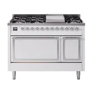 Ilve UN48FQNMPWHCLP Ilve Un48Fqnmpwhclp Nostalgie Ii Noblesse 48" Dual Fuel Range (8 Sealed Burners   Griddle, Liquid Propane, Solid Door, White, Chrome)