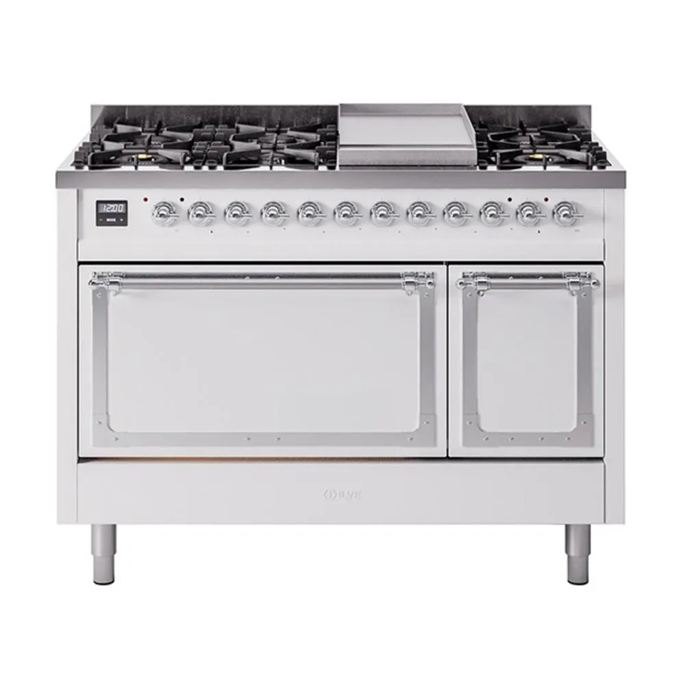 Ilve UN48FQNMPWHCLP Ilve Un48Fqnmpwhclp Nostalgie Ii Noblesse 48" Dual Fuel Range (8 Sealed Burners   Griddle, Liquid Propane, Solid Door, White, Chrome)