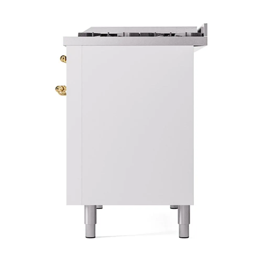 Ilve UN48FQNMPWHG Ilve Un48Fqnmpwhg Nostalgie Ii Noblesse 48" Dual Fuel Range (8 Sealed Burners   Griddle, Natural Gas, Solid Door, White, Brass)