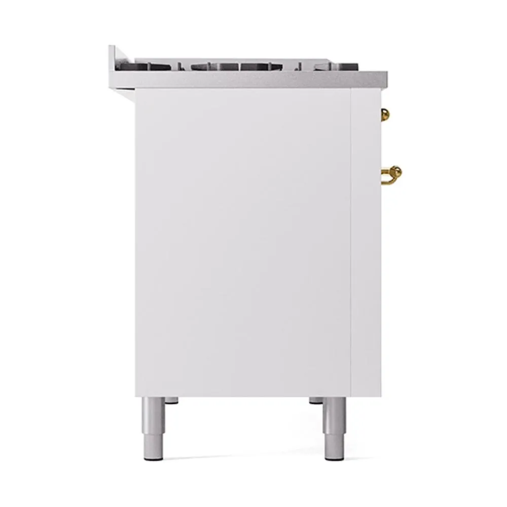 Ilve UN48FQNMPWHG Ilve Un48Fqnmpwhg Nostalgie Ii Noblesse 48" Dual Fuel Range (8 Sealed Burners   Griddle, Natural Gas, Solid Door, White, Brass)