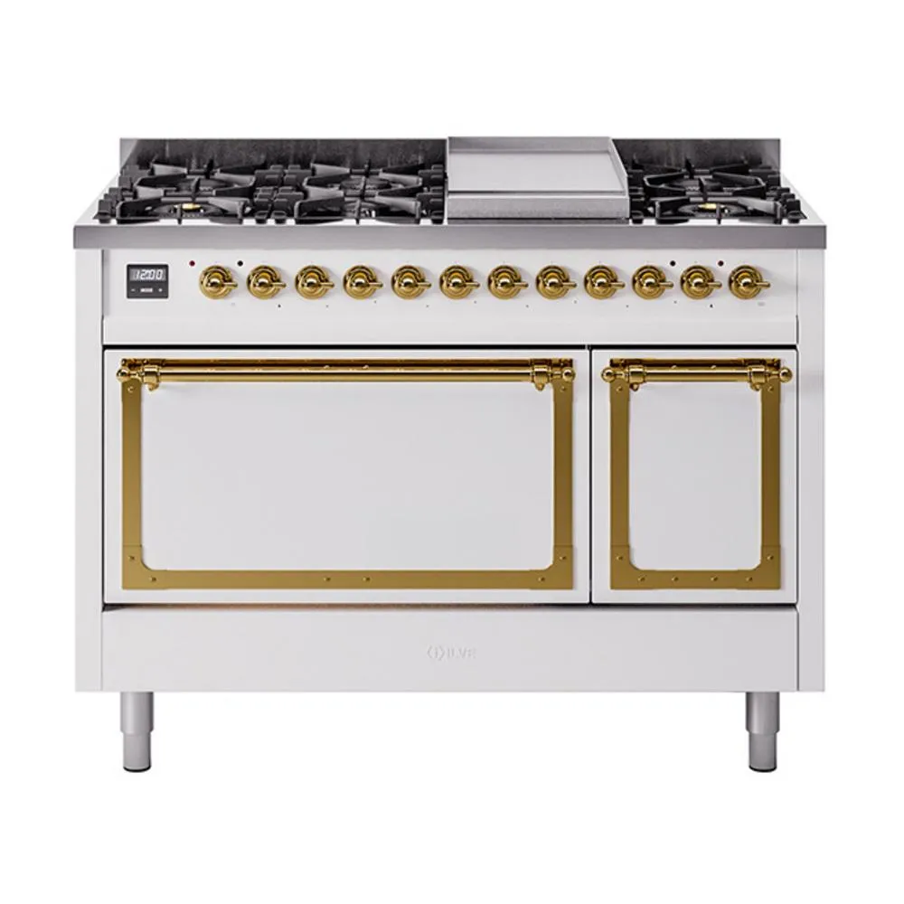 Ilve UN48FQNMPWHG Ilve Un48Fqnmpwhg Nostalgie Ii Noblesse 48" Dual Fuel Range (8 Sealed Burners   Griddle, Natural Gas, Solid Door, White, Brass)