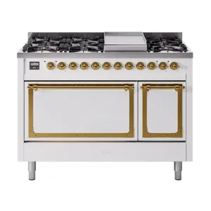 Ilve UN48FQNMPWHG Ilve Un48Fqnmpwhg Nostalgie Ii Noblesse 48" Dual Fuel Range (8 Sealed Burners   Griddle, Natural Gas, Solid Door, White, Brass)