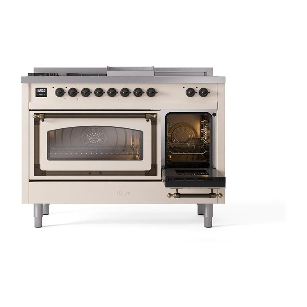 Ilve UN48FSNMPAWB Ilve Un48Fsnmpawb Nostalgie Ii Noblesse 48" Dual Fuel Range (5 Sealed Burners   Griddle   French Top, Natural Gas, Triple Glass Door, Antique White, Burnished)
