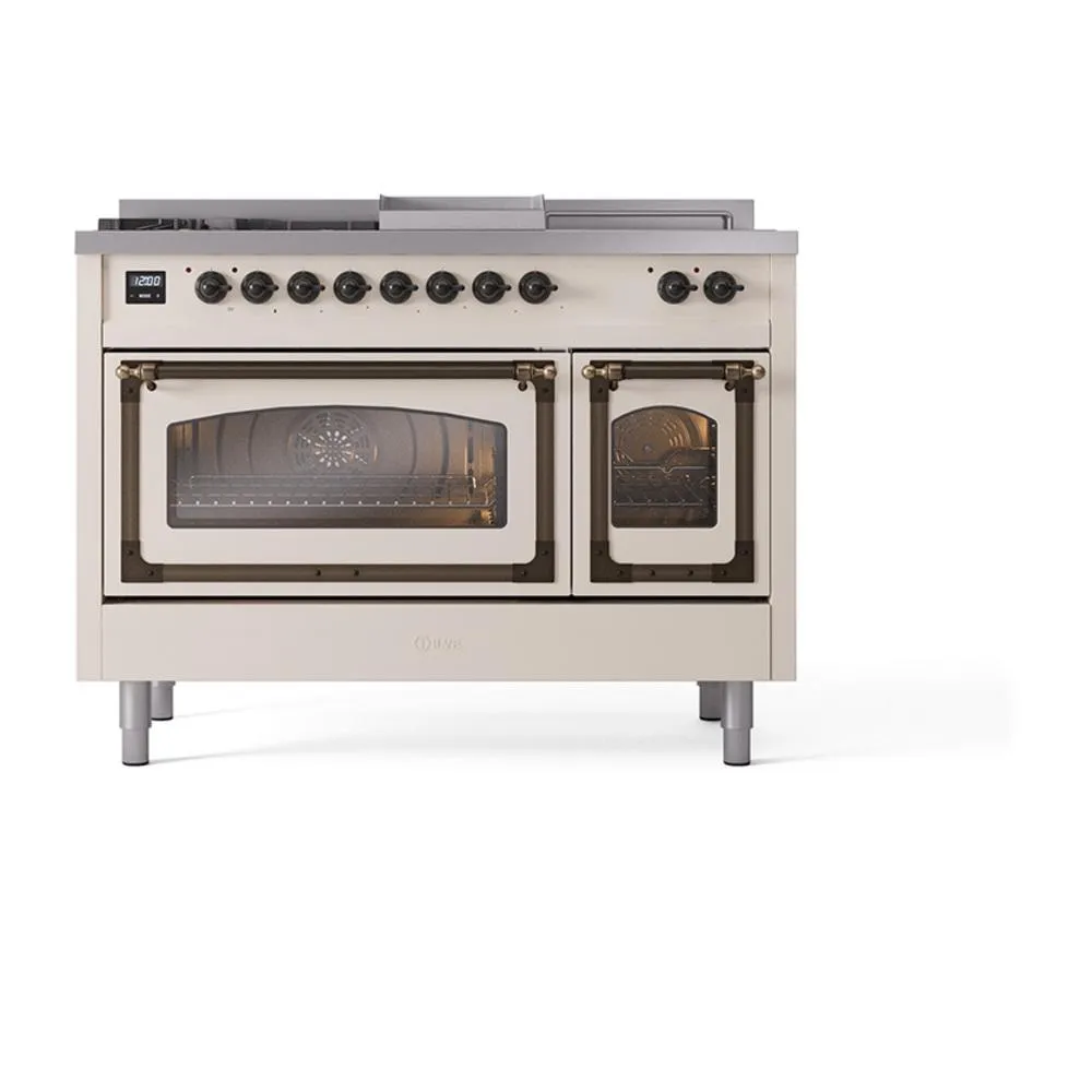 Ilve UN48FSNMPAWB Ilve Un48Fsnmpawb Nostalgie Ii Noblesse 48" Dual Fuel Range (5 Sealed Burners   Griddle   French Top, Natural Gas, Triple Glass Door, Antique White, Burnished)