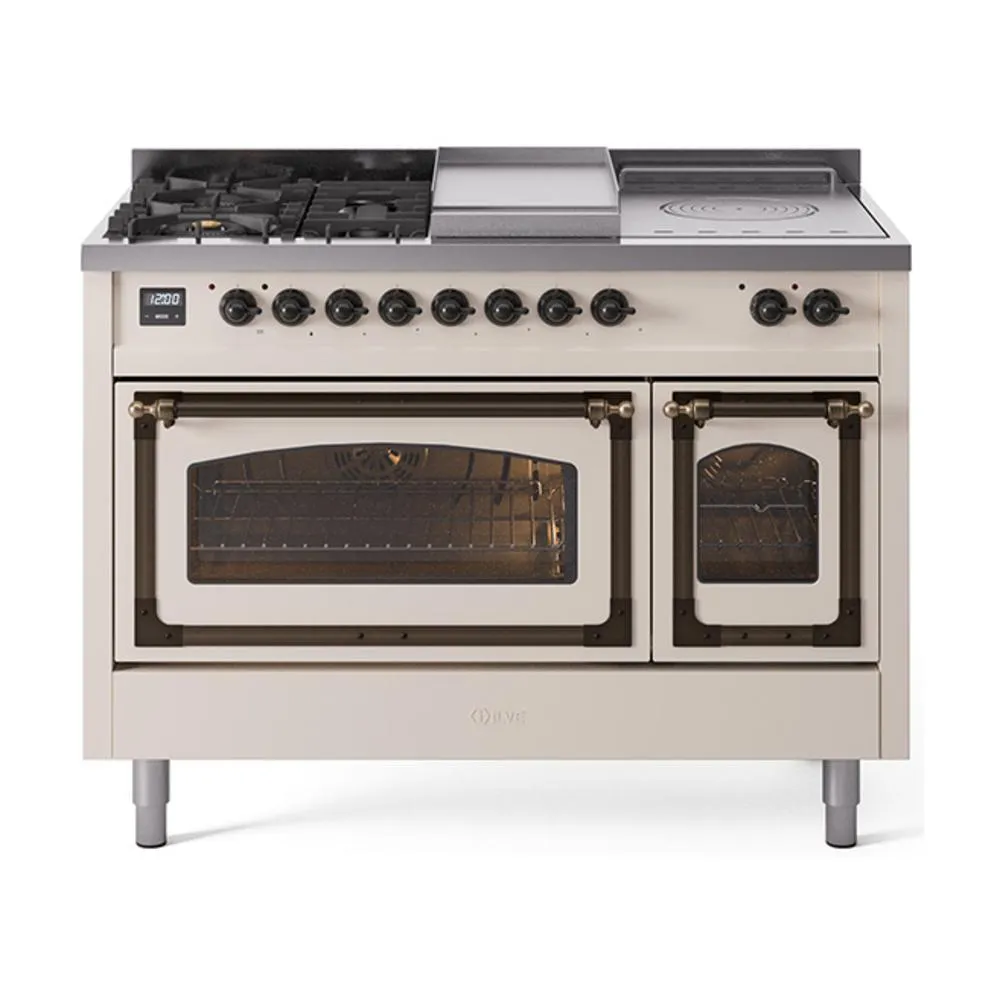 Ilve UN48FSNMPAWB Ilve Un48Fsnmpawb Nostalgie Ii Noblesse 48" Dual Fuel Range (5 Sealed Burners   Griddle   French Top, Natural Gas, Triple Glass Door, Antique White, Burnished)