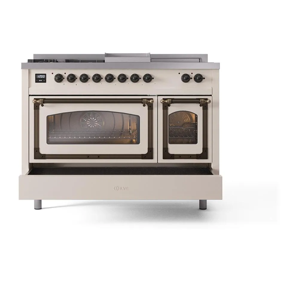 Ilve UN48FSNMPAWB Ilve Un48Fsnmpawb Nostalgie Ii Noblesse 48" Dual Fuel Range (5 Sealed Burners   Griddle   French Top, Natural Gas, Triple Glass Door, Antique White, Burnished)