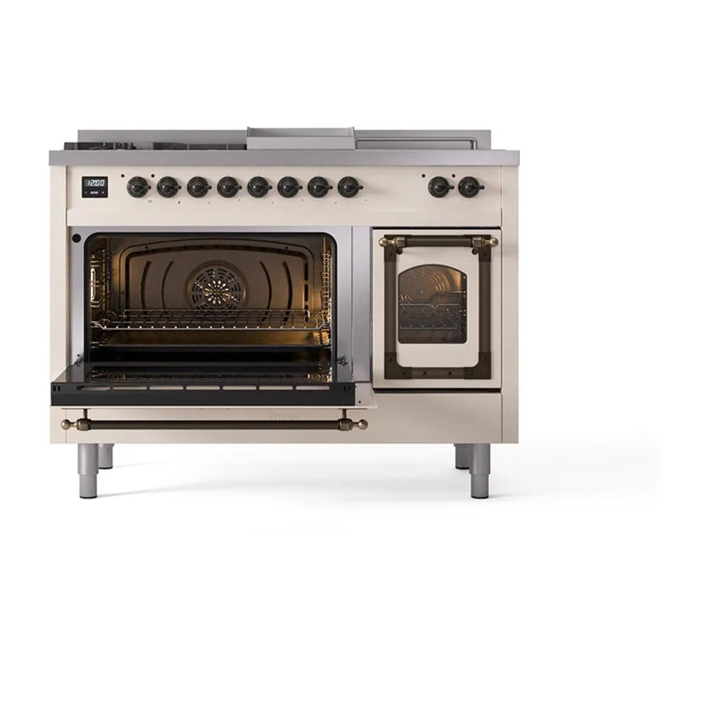 Ilve UN48FSNMPAWB Ilve Un48Fsnmpawb Nostalgie Ii Noblesse 48" Dual Fuel Range (5 Sealed Burners   Griddle   French Top, Natural Gas, Triple Glass Door, Antique White, Burnished)