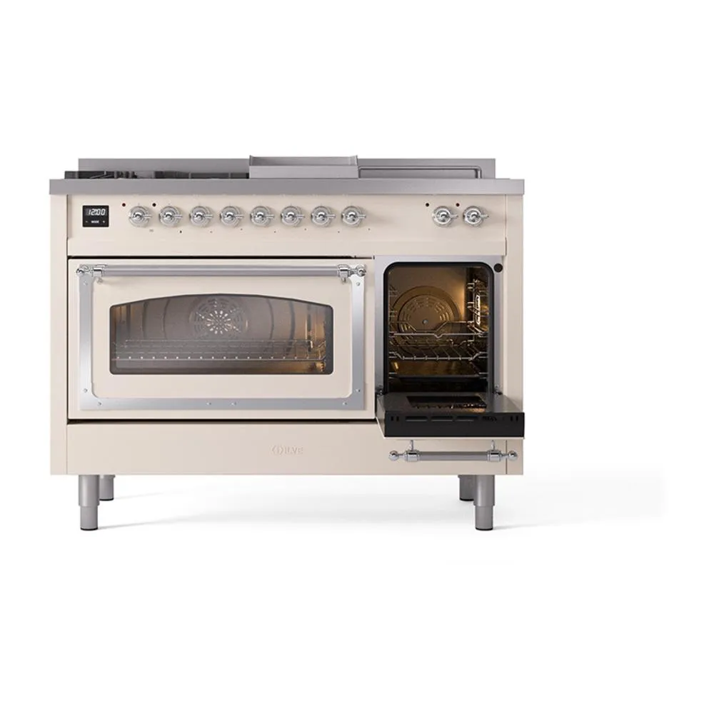Ilve UN48FSNMPAWCLP Ilve Un48Fsnmpawclp Nostalgie Ii Noblesse 48" Dual Fuel Range (5 Sealed Burners   Griddle   French Top, Liquid Propane, Triple Glass Door, Antique White, Chrome)