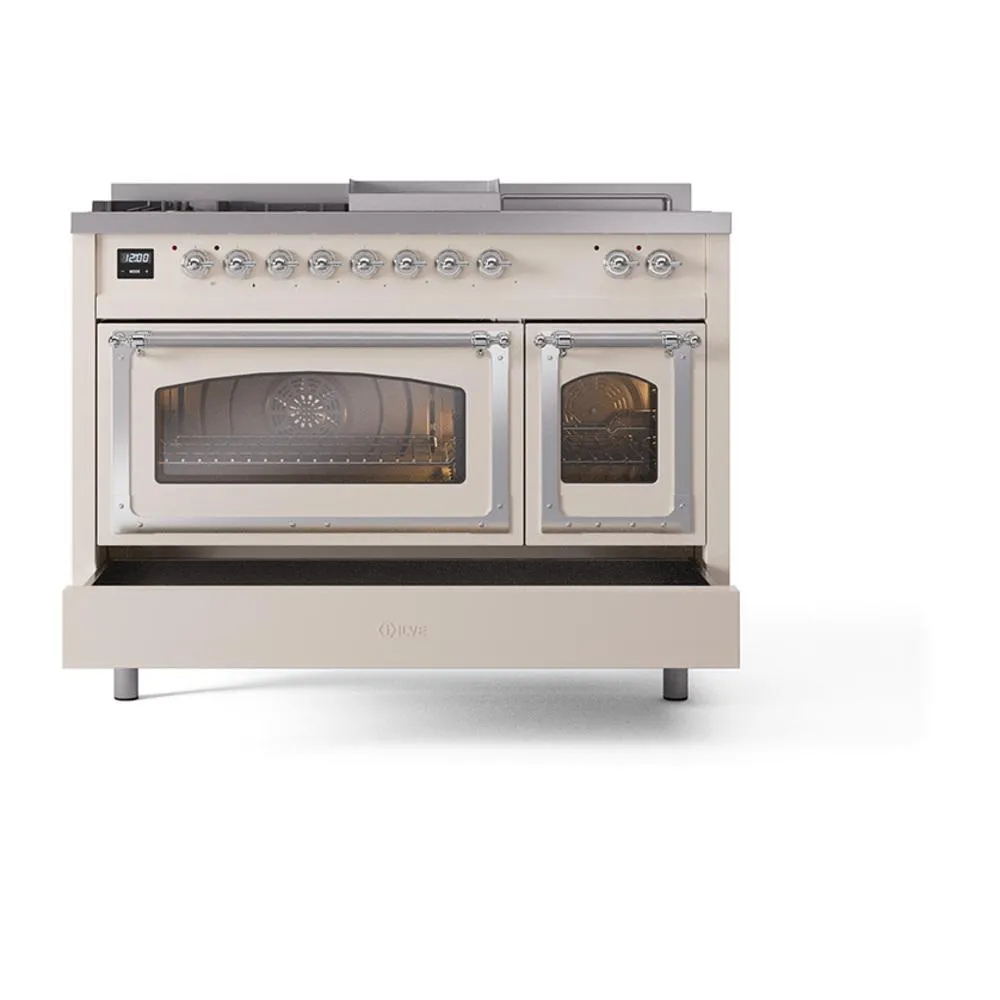 Ilve UN48FSNMPAWCLP Ilve Un48Fsnmpawclp Nostalgie Ii Noblesse 48" Dual Fuel Range (5 Sealed Burners   Griddle   French Top, Liquid Propane, Triple Glass Door, Antique White, Chrome)
