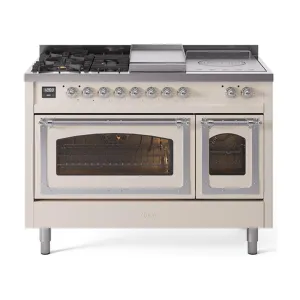 Ilve UN48FSNMPAWCLP Ilve Un48Fsnmpawclp Nostalgie Ii Noblesse 48" Dual Fuel Range (5 Sealed Burners   Griddle   French Top, Liquid Propane, Triple Glass Door, Antique White, Chrome)