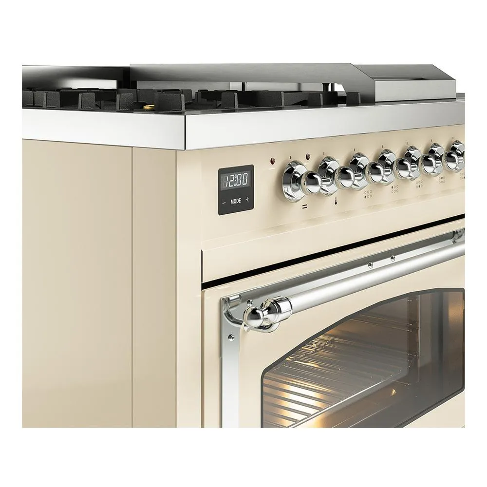 Ilve UN48FSNMPAWCLP Ilve Un48Fsnmpawclp Nostalgie Ii Noblesse 48" Dual Fuel Range (5 Sealed Burners   Griddle   French Top, Liquid Propane, Triple Glass Door, Antique White, Chrome)