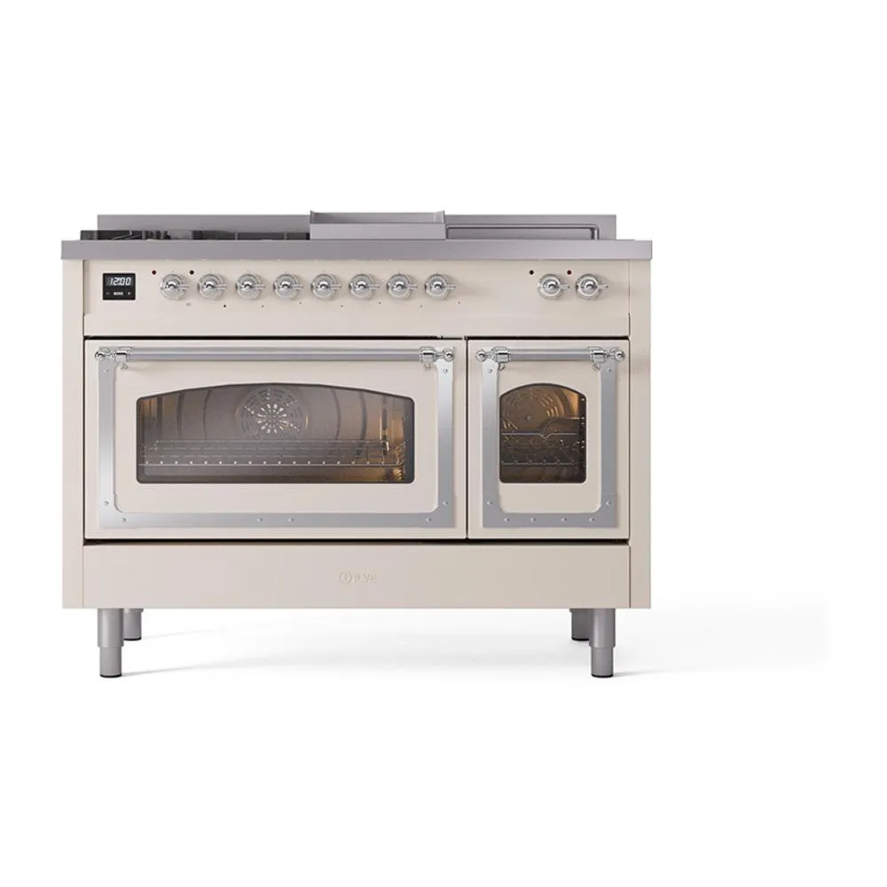 Ilve UN48FSNMPAWCLP Ilve Un48Fsnmpawclp Nostalgie Ii Noblesse 48" Dual Fuel Range (5 Sealed Burners   Griddle   French Top, Liquid Propane, Triple Glass Door, Antique White, Chrome)