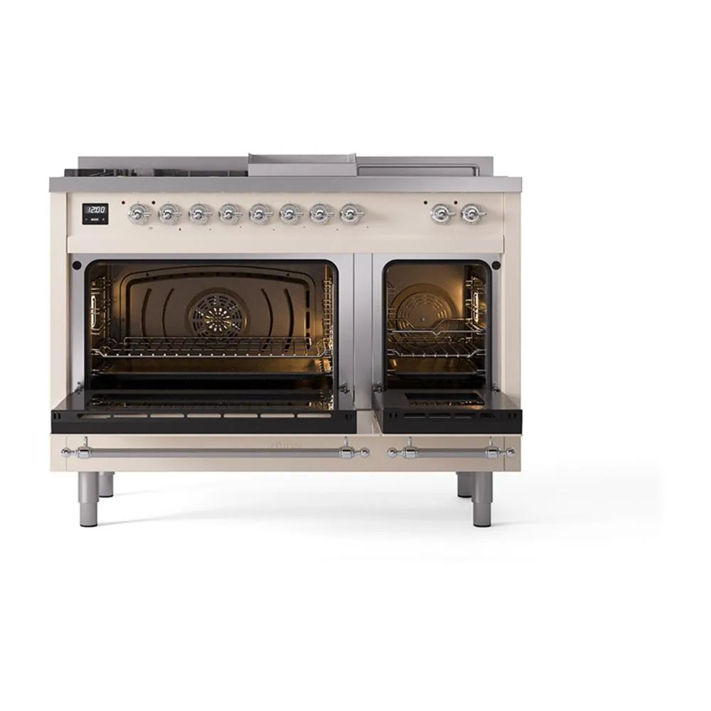 Ilve UN48FSNMPAWCLP Ilve Un48Fsnmpawclp Nostalgie Ii Noblesse 48" Dual Fuel Range (5 Sealed Burners   Griddle   French Top, Liquid Propane, Triple Glass Door, Antique White, Chrome)