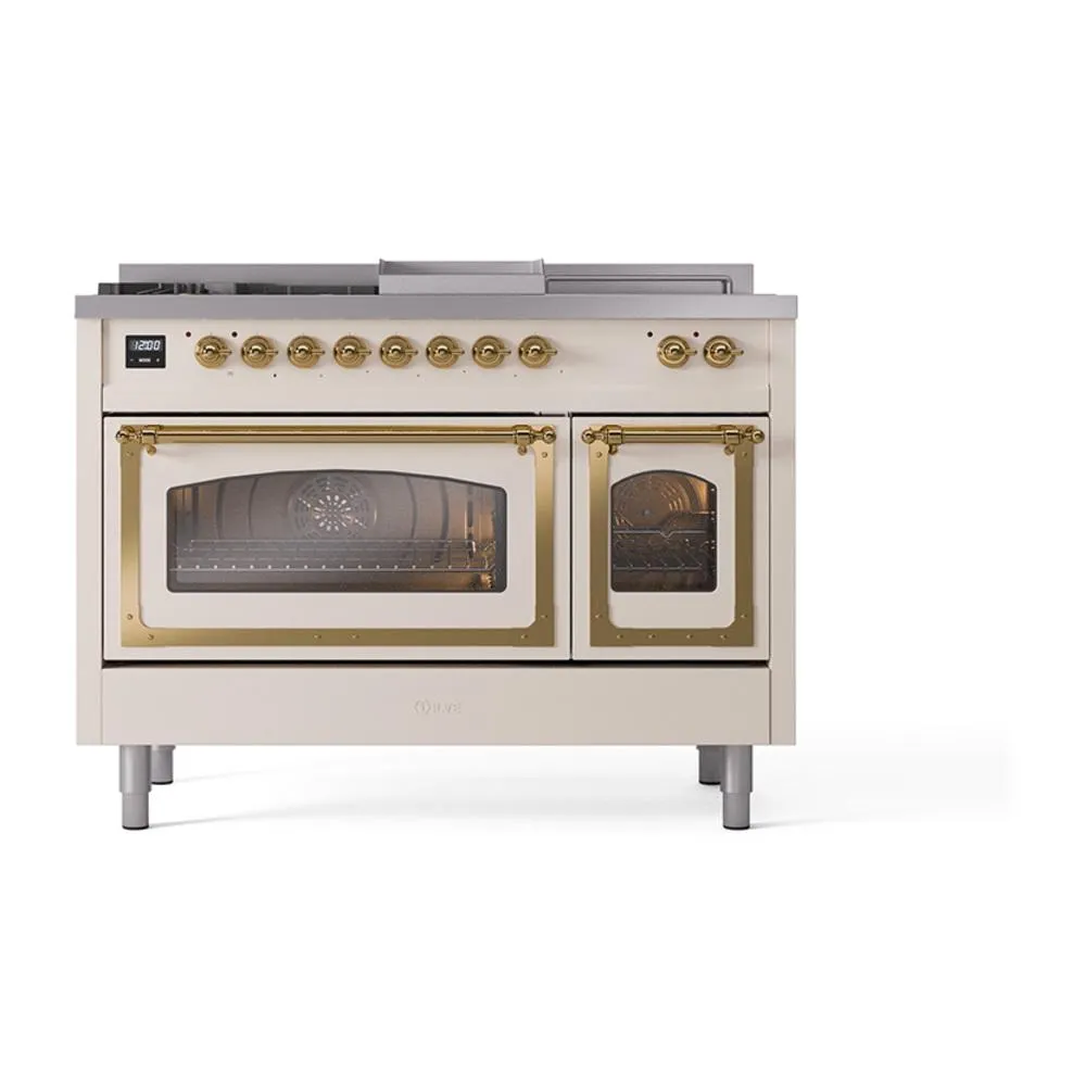 Ilve UN48FSNMPAWG Ilve Un48Fsnmpawg Nostalgie Ii Noblesse 48" Dual Fuel Range (5 Sealed Burners   Griddle   French Top, Natural Gas, Triple Glass Door, Antique White, Brass)