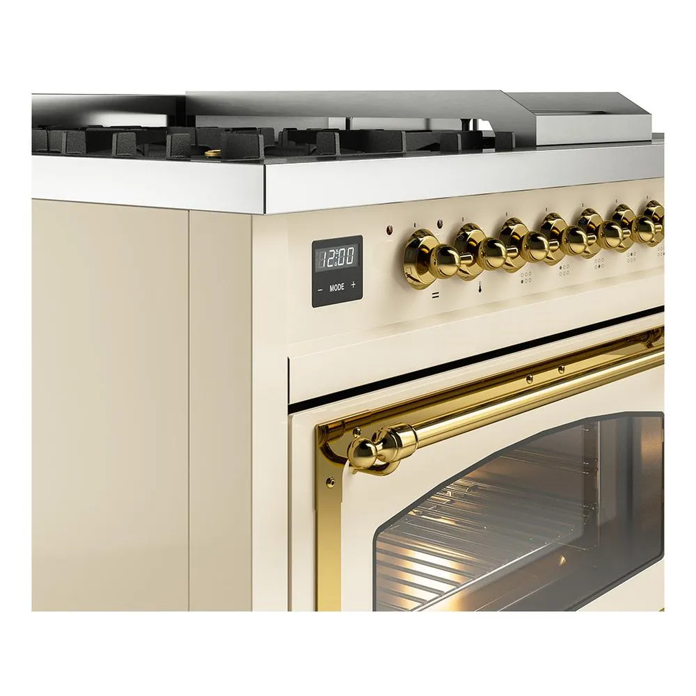 Ilve UN48FSNMPAWG Ilve Un48Fsnmpawg Nostalgie Ii Noblesse 48" Dual Fuel Range (5 Sealed Burners   Griddle   French Top, Natural Gas, Triple Glass Door, Antique White, Brass)