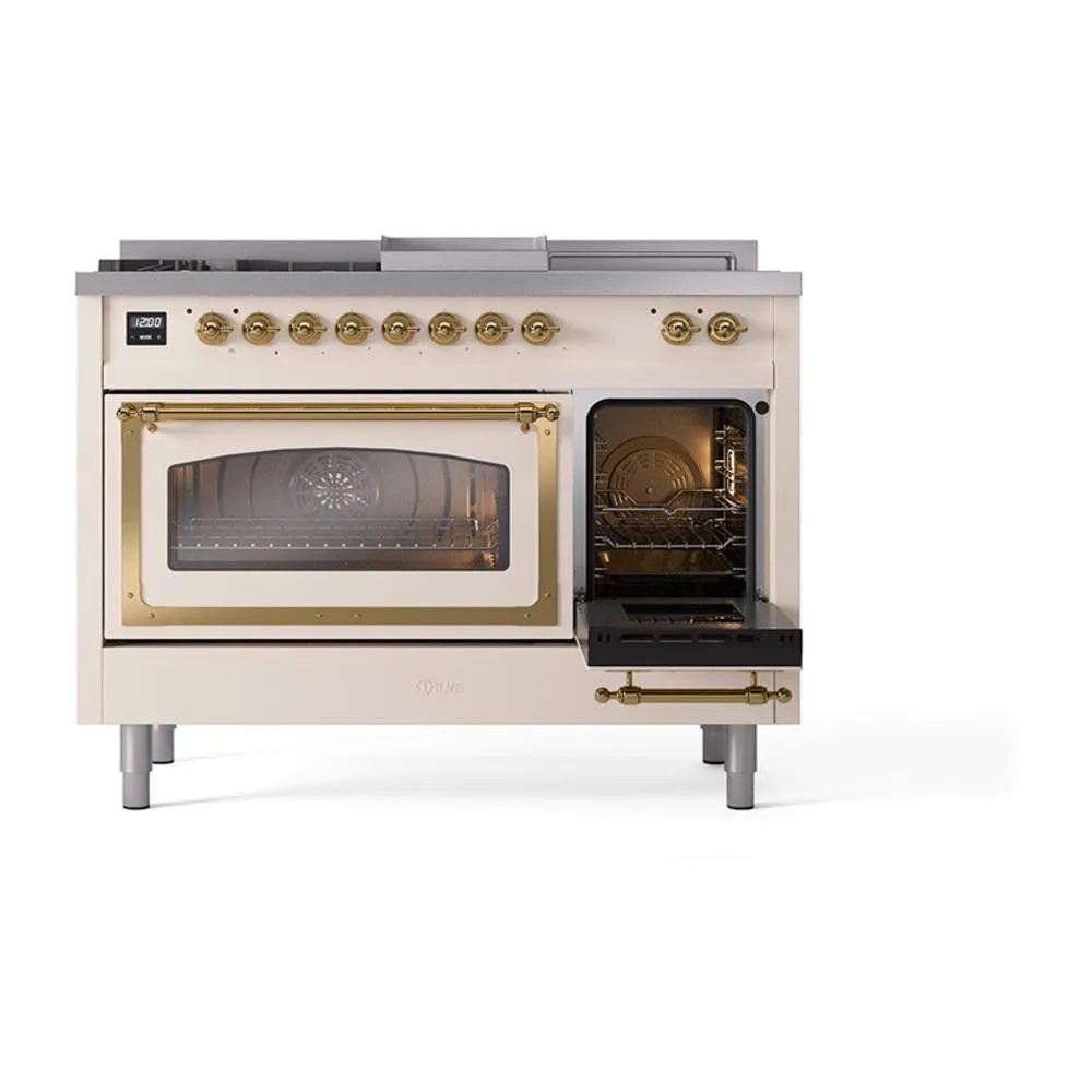Ilve UN48FSNMPAWG Ilve Un48Fsnmpawg Nostalgie Ii Noblesse 48" Dual Fuel Range (5 Sealed Burners   Griddle   French Top, Natural Gas, Triple Glass Door, Antique White, Brass)