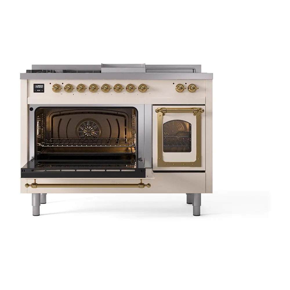 Ilve UN48FSNMPAWG Ilve Un48Fsnmpawg Nostalgie Ii Noblesse 48" Dual Fuel Range (5 Sealed Burners   Griddle   French Top, Natural Gas, Triple Glass Door, Antique White, Brass)