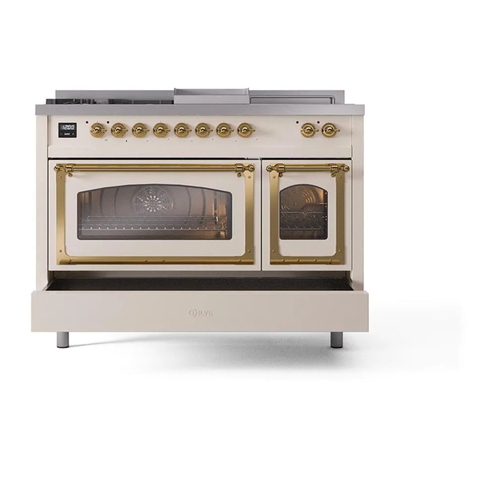 Ilve UN48FSNMPAWG Ilve Un48Fsnmpawg Nostalgie Ii Noblesse 48" Dual Fuel Range (5 Sealed Burners   Griddle   French Top, Natural Gas, Triple Glass Door, Antique White, Brass)