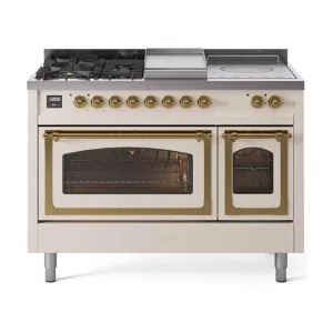 Ilve UN48FSNMPAWG Ilve Un48Fsnmpawg Nostalgie Ii Noblesse 48" Dual Fuel Range (5 Sealed Burners   Griddle   French Top, Natural Gas, Triple Glass Door, Antique White, Brass)