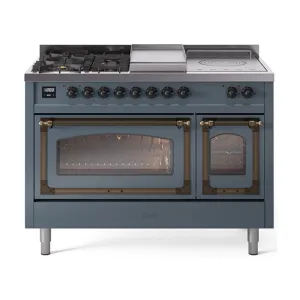 Ilve UN48FSNMPBGBLP Ilve Un48Fsnmpbgblp Nostalgie Ii Noblesse 48" Dual Fuel Range (5 Sealed Burners   Griddle   French Top, Liquid Propane, Triple Glass Door, Blue Grey, Burnished)