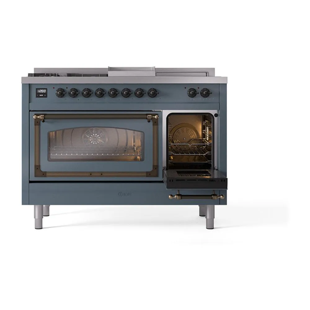 Ilve UN48FSNMPBGBLP Ilve Un48Fsnmpbgblp Nostalgie Ii Noblesse 48" Dual Fuel Range (5 Sealed Burners   Griddle   French Top, Liquid Propane, Triple Glass Door, Blue Grey, Burnished)