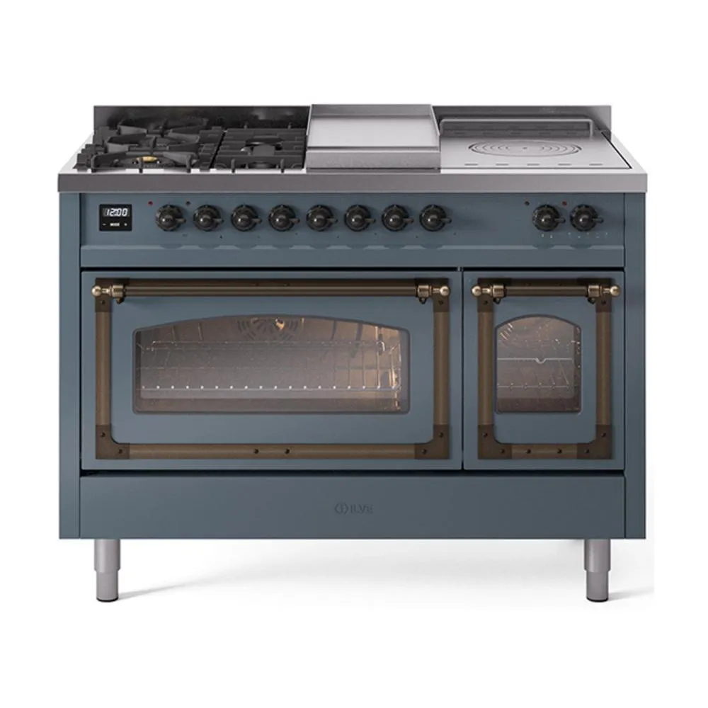 Ilve UN48FSNMPBGBLP Ilve Un48Fsnmpbgblp Nostalgie Ii Noblesse 48" Dual Fuel Range (5 Sealed Burners   Griddle   French Top, Liquid Propane, Triple Glass Door, Blue Grey, Burnished)