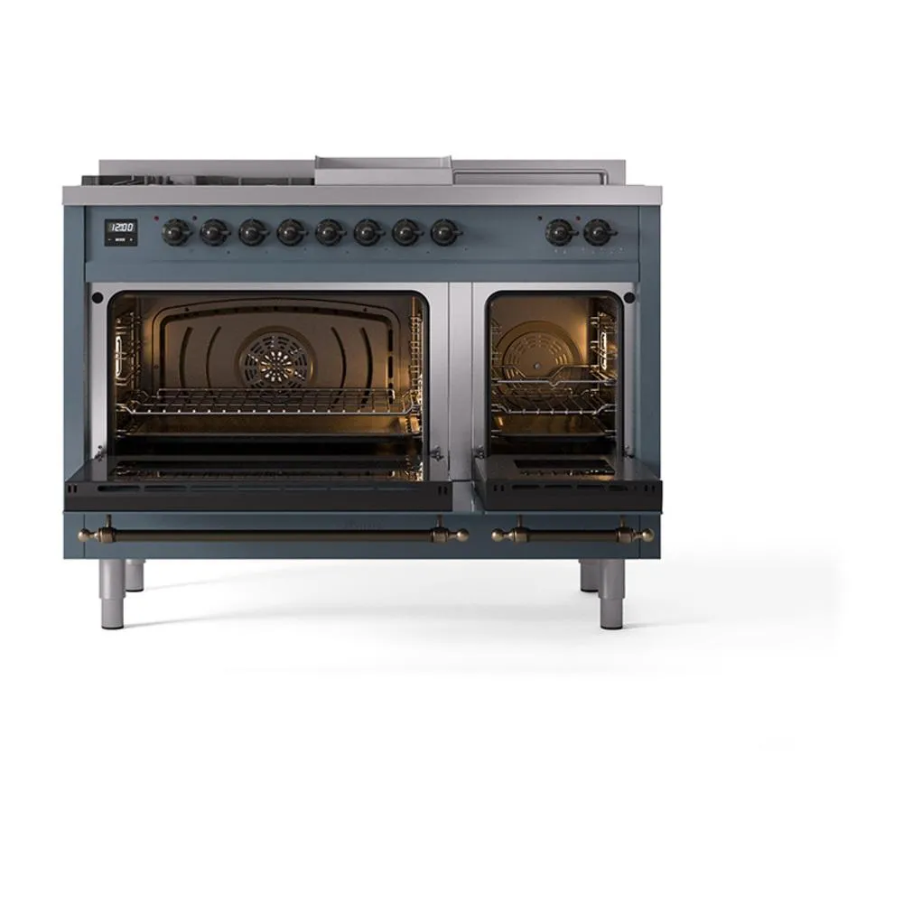 Ilve UN48FSNMPBGBLP Ilve Un48Fsnmpbgblp Nostalgie Ii Noblesse 48" Dual Fuel Range (5 Sealed Burners   Griddle   French Top, Liquid Propane, Triple Glass Door, Blue Grey, Burnished)