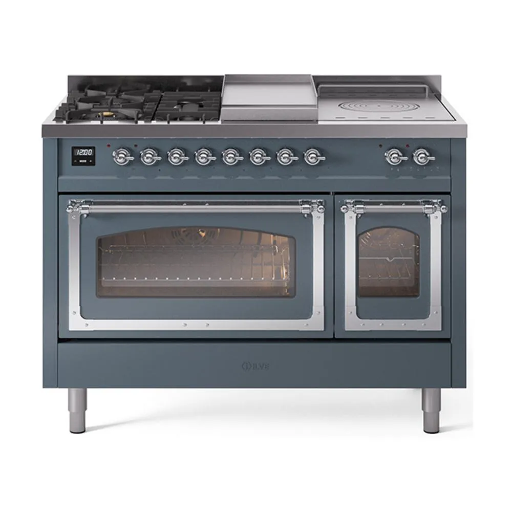 Ilve UN48FSNMPBGCLP Ilve Un48Fsnmpbgclp Nostalgie Ii Noblesse 48" Dual Fuel Range (5 Sealed Burners   Griddle   French Top, Liquid Propane, Triple Glass Door, Blue Grey, Chrome)