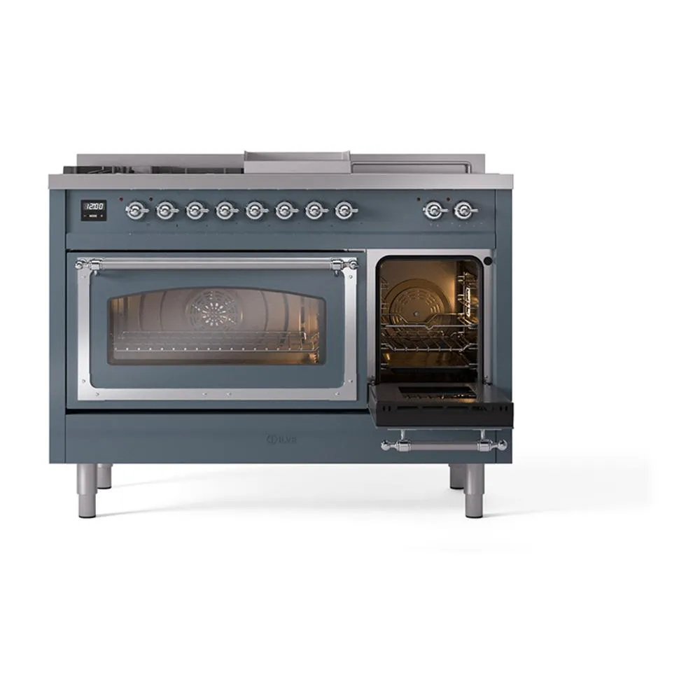 Ilve UN48FSNMPBGCLP Ilve Un48Fsnmpbgclp Nostalgie Ii Noblesse 48" Dual Fuel Range (5 Sealed Burners   Griddle   French Top, Liquid Propane, Triple Glass Door, Blue Grey, Chrome)