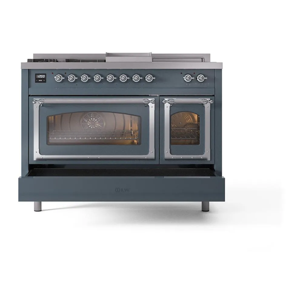 Ilve UN48FSNMPBGCLP Ilve Un48Fsnmpbgclp Nostalgie Ii Noblesse 48" Dual Fuel Range (5 Sealed Burners   Griddle   French Top, Liquid Propane, Triple Glass Door, Blue Grey, Chrome)