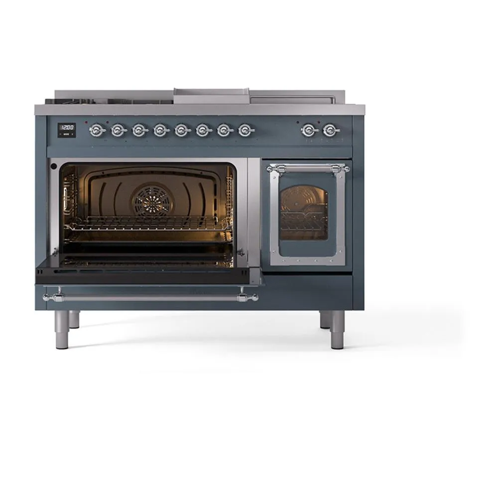 Ilve UN48FSNMPBGCLP Ilve Un48Fsnmpbgclp Nostalgie Ii Noblesse 48" Dual Fuel Range (5 Sealed Burners   Griddle   French Top, Liquid Propane, Triple Glass Door, Blue Grey, Chrome)