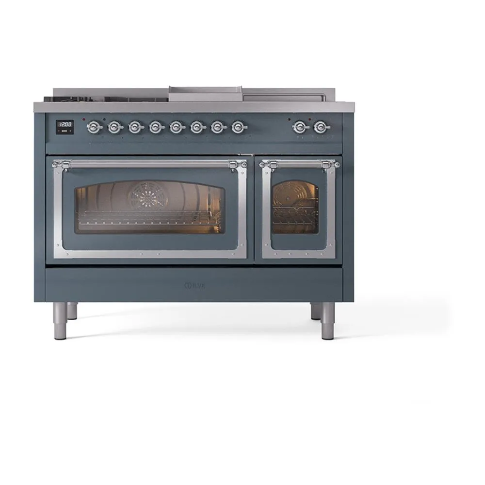 Ilve UN48FSNMPBGCLP Ilve Un48Fsnmpbgclp Nostalgie Ii Noblesse 48" Dual Fuel Range (5 Sealed Burners   Griddle   French Top, Liquid Propane, Triple Glass Door, Blue Grey, Chrome)