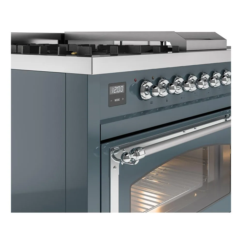 Ilve UN48FSNMPBGCLP Ilve Un48Fsnmpbgclp Nostalgie Ii Noblesse 48" Dual Fuel Range (5 Sealed Burners   Griddle   French Top, Liquid Propane, Triple Glass Door, Blue Grey, Chrome)