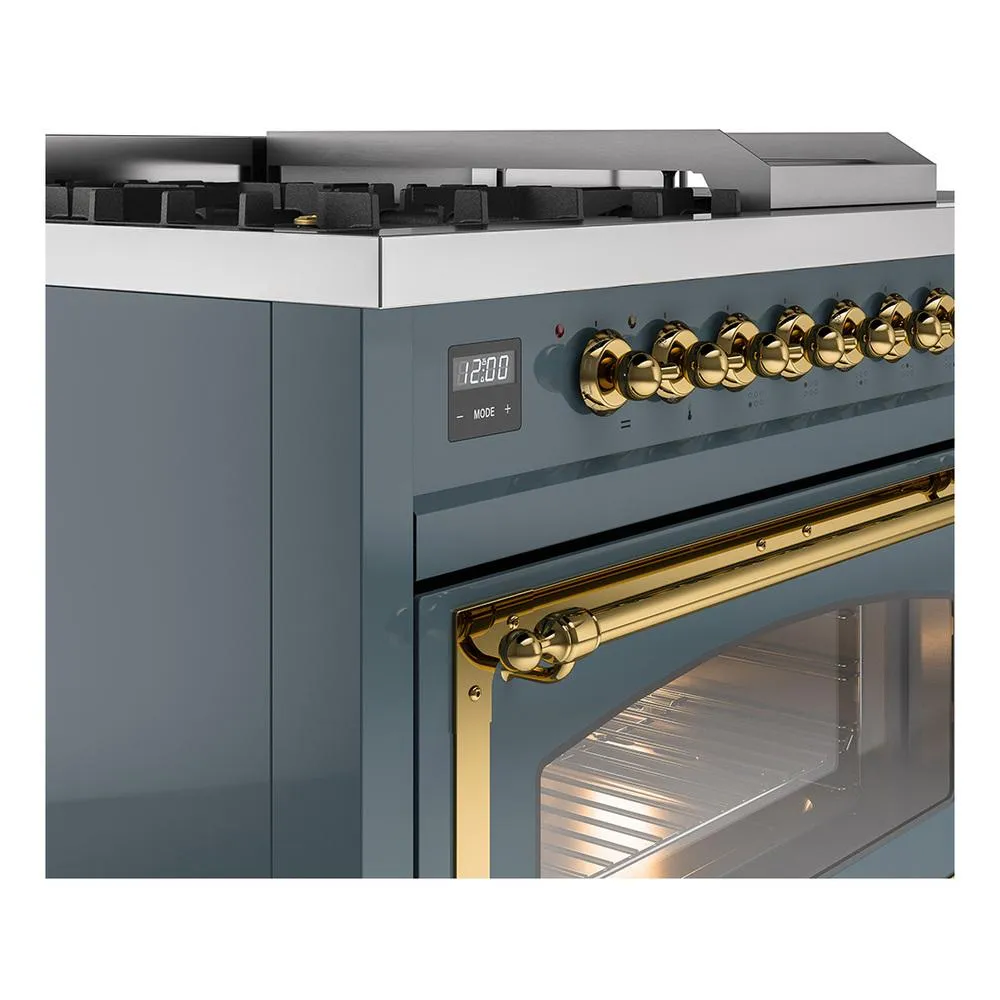 Ilve UN48FSNMPBGGLP Ilve Un48Fsnmpbgglp Nostalgie Ii Noblesse 48" Dual Fuel Range (5 Sealed Burners   Griddle   French Top, Liquid Propane, Triple Glass Door, Blue Grey, Brass)