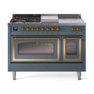 Ilve UN48FSNMPBGGLP Ilve Un48Fsnmpbgglp Nostalgie Ii Noblesse 48" Dual Fuel Range (5 Sealed Burners   Griddle   French Top, Liquid Propane, Triple Glass Door, Blue Grey, Brass)