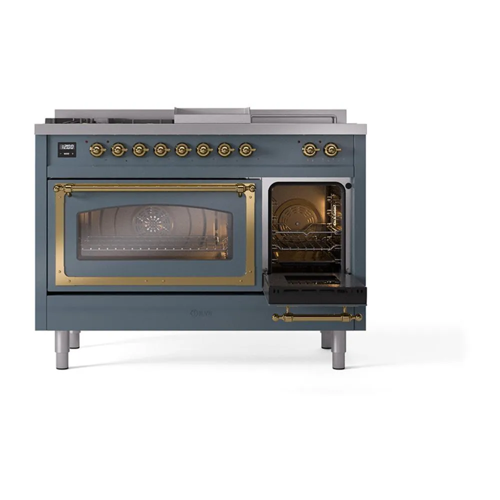 Ilve UN48FSNMPBGGLP Ilve Un48Fsnmpbgglp Nostalgie Ii Noblesse 48" Dual Fuel Range (5 Sealed Burners   Griddle   French Top, Liquid Propane, Triple Glass Door, Blue Grey, Brass)