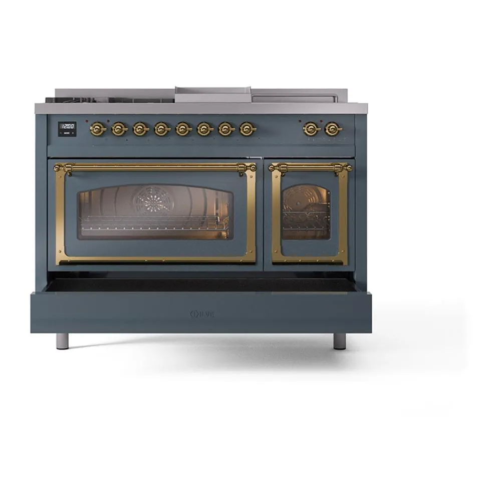 Ilve UN48FSNMPBGGLP Ilve Un48Fsnmpbgglp Nostalgie Ii Noblesse 48" Dual Fuel Range (5 Sealed Burners   Griddle   French Top, Liquid Propane, Triple Glass Door, Blue Grey, Brass)