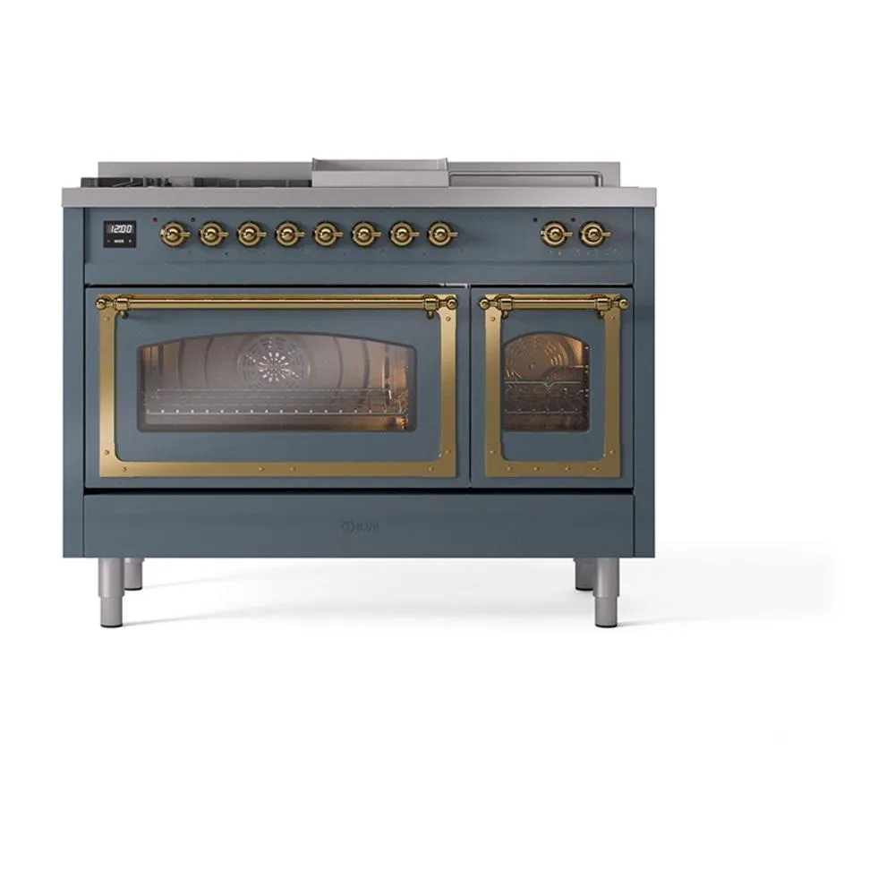 Ilve UN48FSNMPBGGLP Ilve Un48Fsnmpbgglp Nostalgie Ii Noblesse 48" Dual Fuel Range (5 Sealed Burners   Griddle   French Top, Liquid Propane, Triple Glass Door, Blue Grey, Brass)