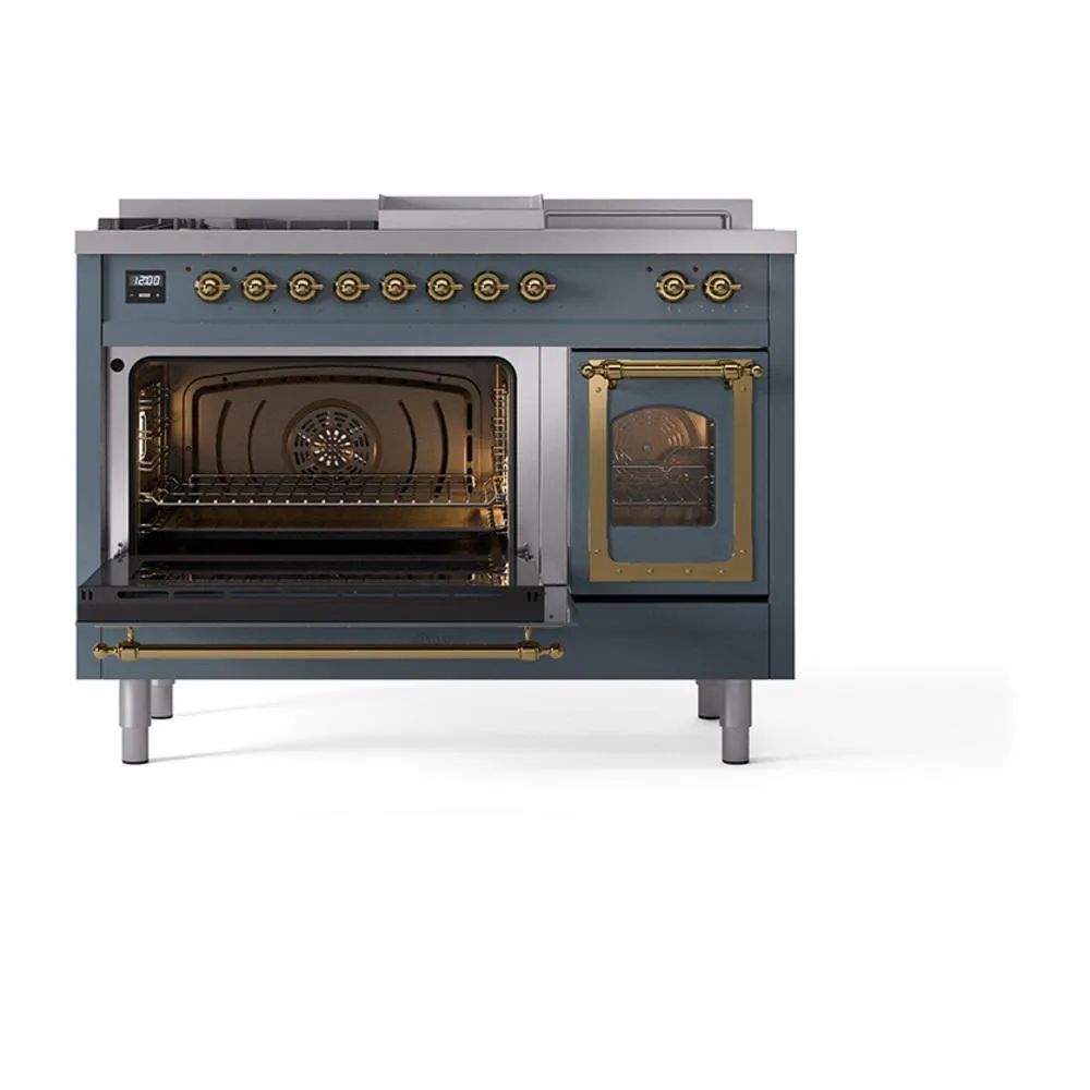 Ilve UN48FSNMPBGGLP Ilve Un48Fsnmpbgglp Nostalgie Ii Noblesse 48" Dual Fuel Range (5 Sealed Burners   Griddle   French Top, Liquid Propane, Triple Glass Door, Blue Grey, Brass)